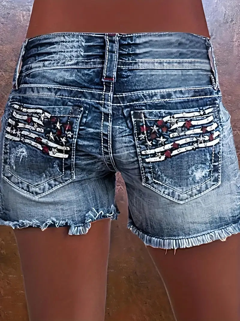 Shorts de Mezclilla Retro para Mujer con Cintura Media - Bordes Deshilachados